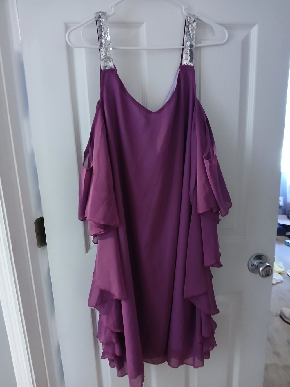 Purple Cold-Shoulder  Dress with Silver Glittery Straps
